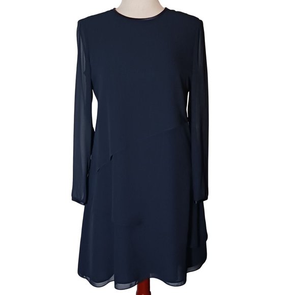 Jones New York Navy Blue Tiered Button‎ Back Sheer Sleeve Shift Dress Size 8 - Picture 1 of 11